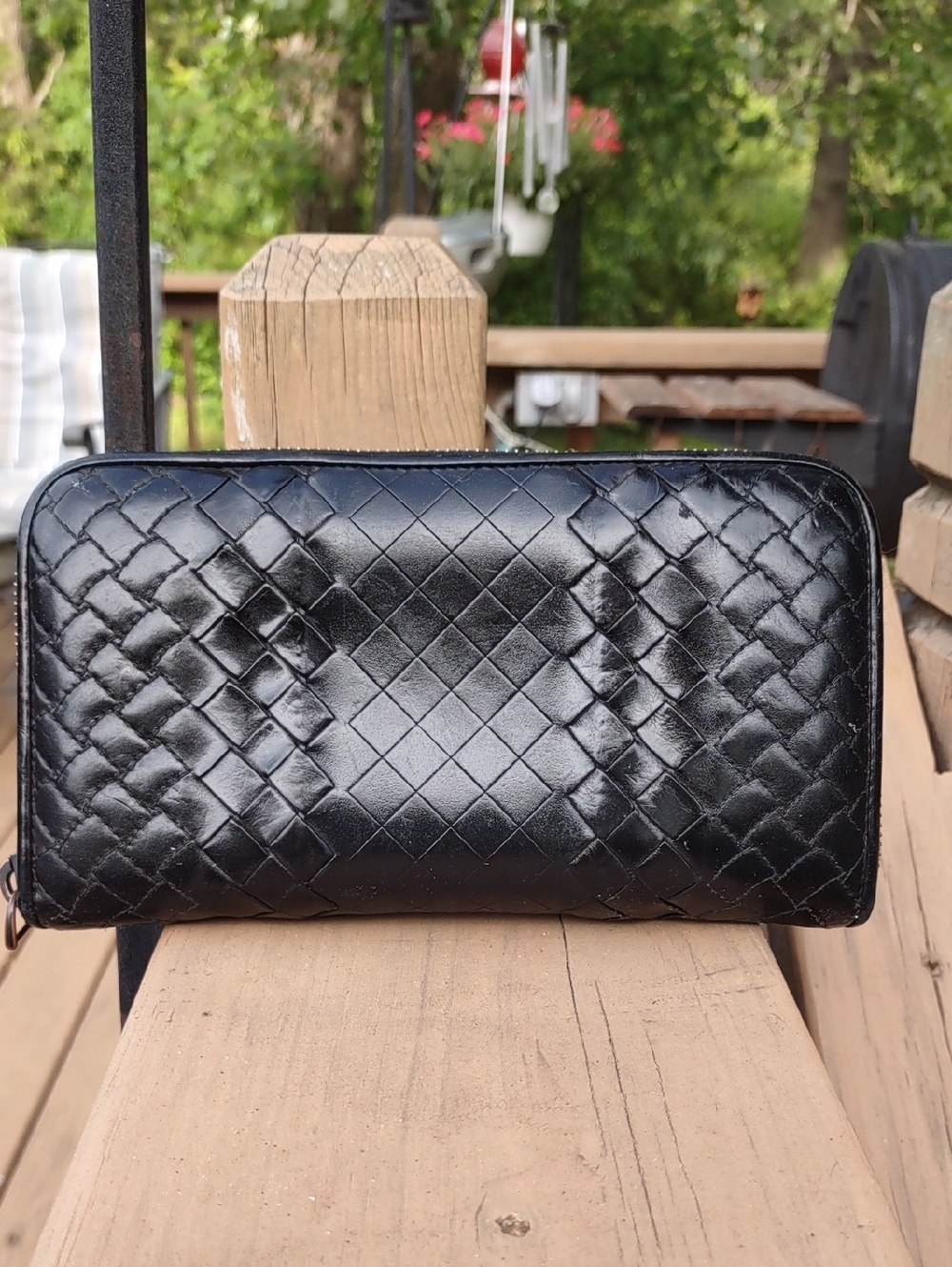 Bottega Veneta Black Leather Zip around Long Card Wallet.